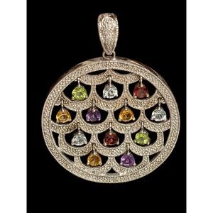 Unbranded 925 Sterling Silver Multi-Gemstone Scalloped Circle Pendant Large
